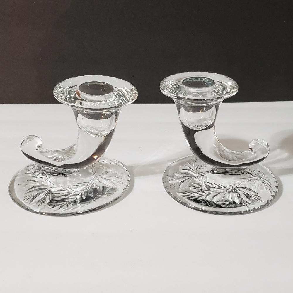 Duncan Miller Etched Glass Cornicopia Candlestick Holders